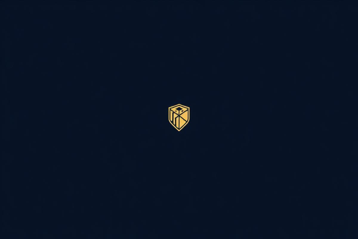 Emblema dourado sobre fundo azul-marinho representando registro e conformidade
